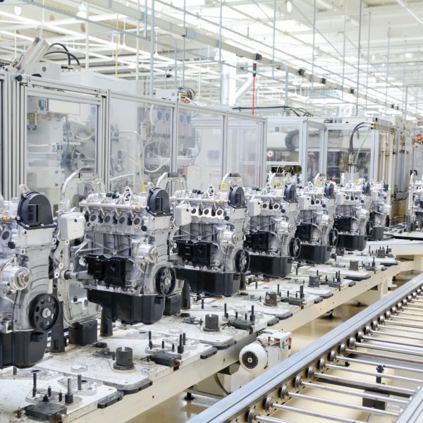 Production line for manufactoring of the engines in the car factory.